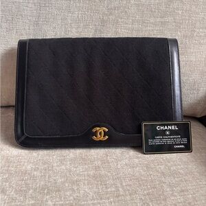 Authentic CHANEL coco mark cotton jersey push lock black leather vintage clutch